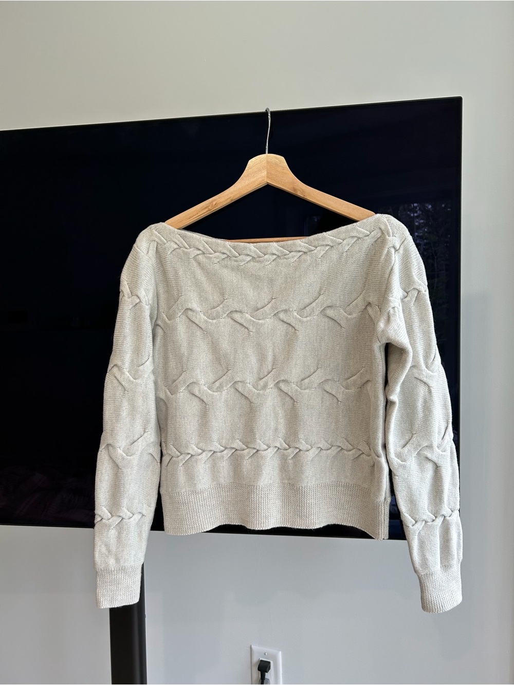 Babaton Off-the-Shoulder Cable Knit Sweater in Light Gray